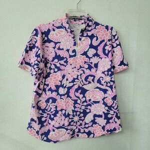 Barbara Erickson XL‎ Floral Print Short Sleeve 1/4 Zip Pullover Blue Pink Stain